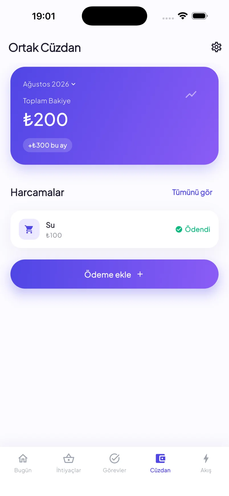 Evliwa Ortak Cüzdan ekranı: aylık toplam bakiye ve harcama geçmişi